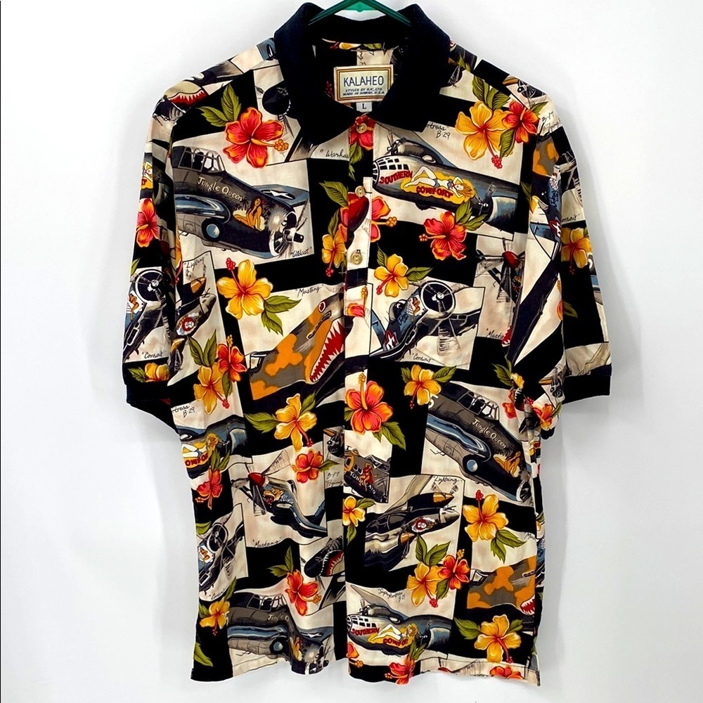 Vintage Hawaiian Shirt War Planes Pin-Up Girls Floral